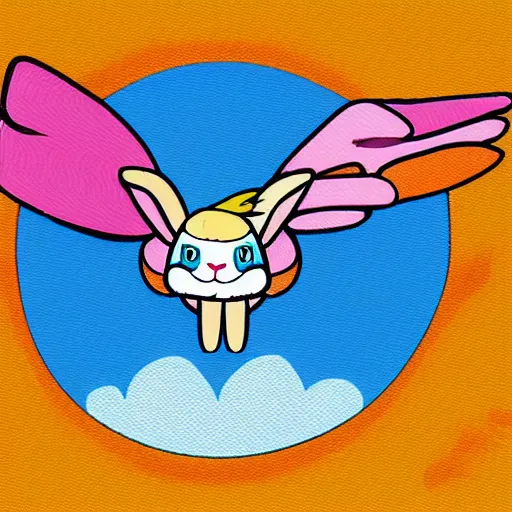 Prompt: a rabbit with wings like a pegassus, flying in the sky, digital art, nyan cat style