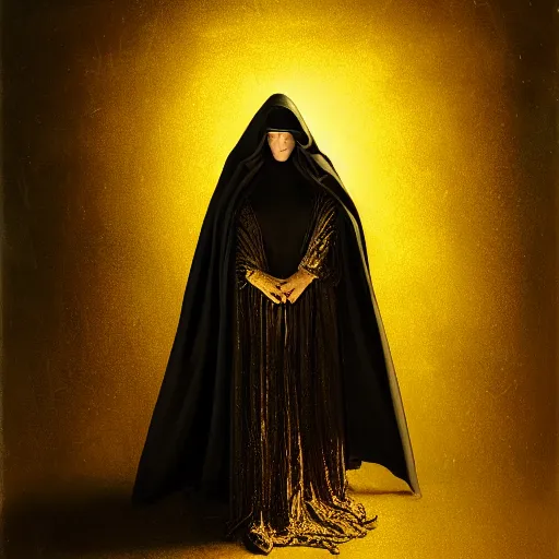 Image similar to a portrait of a young woman wearing a long dark cloak, hood and shadows covering face, holding golden chains, oil painting, matte painting, black background, Volumetric Golden dappled dynamic lighting, Highly Detailed, Cinematic Lighting, Unreal Engine, 8k, HD, by Beksinski