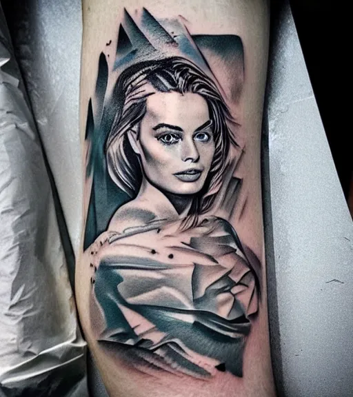 Image similar to tattoo design sketch double exposure of margot robbie blended in beautiful mountain scenery, creative mash up, in the style of arlo dicristina, surrealist, amazing detail, sharp