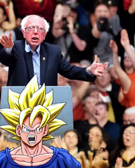 Image similar to Super Saiyan Senator Bernie Sanders Son Goku screams during philibuster speech (AP Photo/Akira Toriyama)