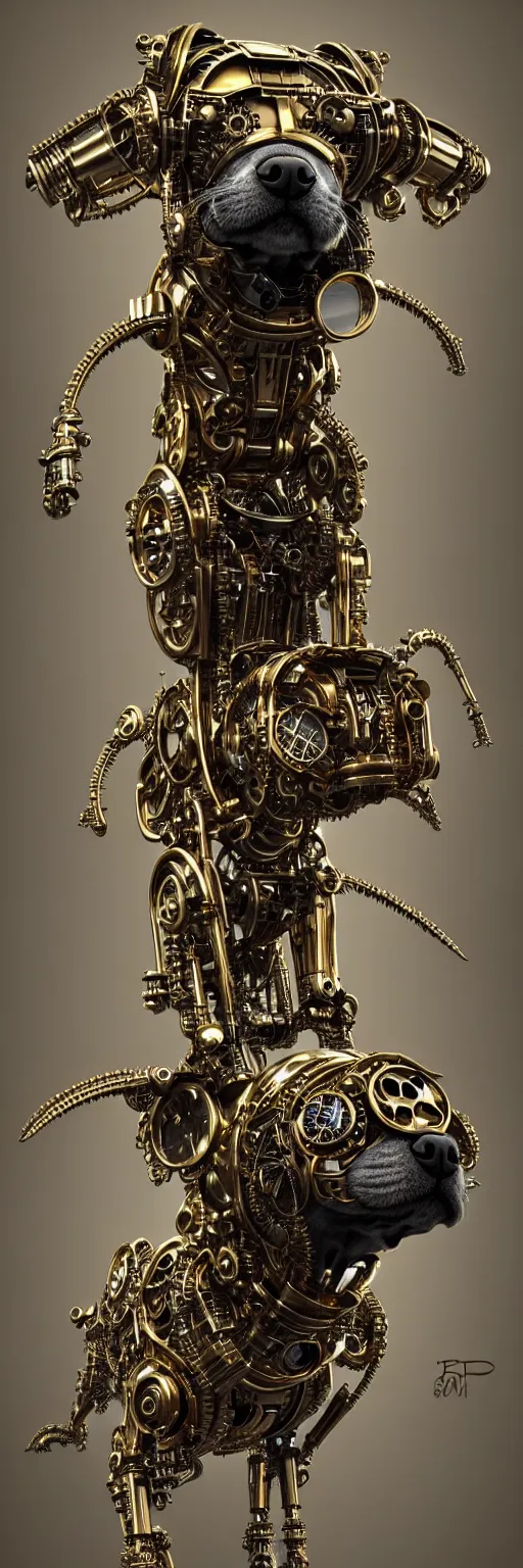 Image similar to steampunk cybernetic biomechanical dog, symmetrical, front facing, 3 d model, very coherent symmetrical artwork, unreal engine realistic render, 8 k, micro detail, gold and steel intricate, elegant, highly detailed, digital painting, artstation, smooth, sharp focus, illustration, artgerm, tomasz alen kopera, wlop