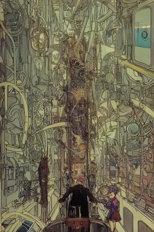 Prompt: front view on steampunk airplane hallway, kid and mad scientist walking, giant video screens, sci - fi, big interior plants, retrofuturism, concept art by mucha and moebius and victo ngai, architecture by francois schuiten, clean line, diesel punk, artstation