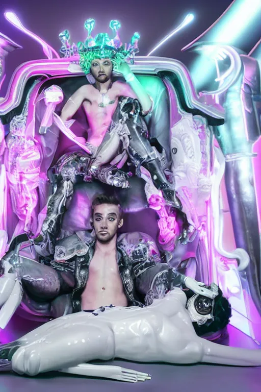 Image similar to full-body rococo and cyberpunk style neon statue of a muscular attractive Liam Payne macho dotado e rico android sim roupa reclining con las piernas abertas e la piroca dura, glowing white laser eyes, prince crown of pink gears, diamonds, swirling silver-colored silk fabric. futuristic elements. full-length view. space robots. human skulls. intricate artwork by caravaggio. Trending on artstation, octane render, cinematic lighting from the right, hyper realism, octane render, 8k, depth of field, 3D