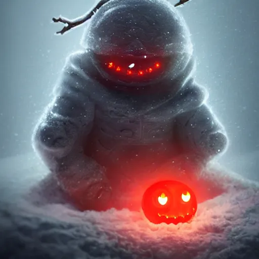 Image similar to a snowman, half made out of cyborg parts, with one glowing red eye, with an evil smile on his face, in the middle of a snow forest, dynamic lighting, photorealistic fantasy concept art, trending on art station, stunning visuals, creative, cinematic, ultra detailed