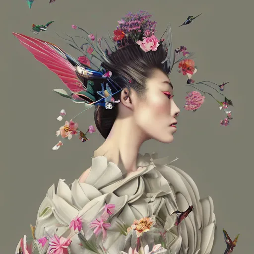 Image similar to 3 / 4 view of a beautiful girl wearing an origami dress, eye - level medium shot, fine floral ornaments in cloth and hair, hummingbirds, elegant, by eiko ishioka, givenchy, hsiao cheng, by peter mohrbacher, centered, fresh colors, origami, fashion, detailed illustration, vogue, japanese, reallusion character creator