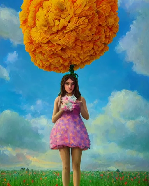 Image similar to girl with a giant carnation as face, surreal photography, flower field, sunset dramatic light, impressionist painting, colorful clouds, blue sky, digital painting, artstation, simon stalenhag