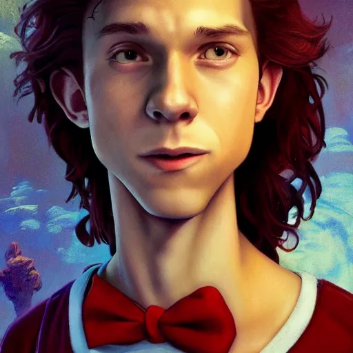 Image similar to skinny young tom holland as bell from beauty and the beast, dynamic lighting, path traced, atmospheric, highly detailed, high quality, beautiful painting, octane render, don bluth, ross tran, studio ghibli, alphonse mucha, jama jurabaev, extremely detailed, brush strokes, artstation, artgerm