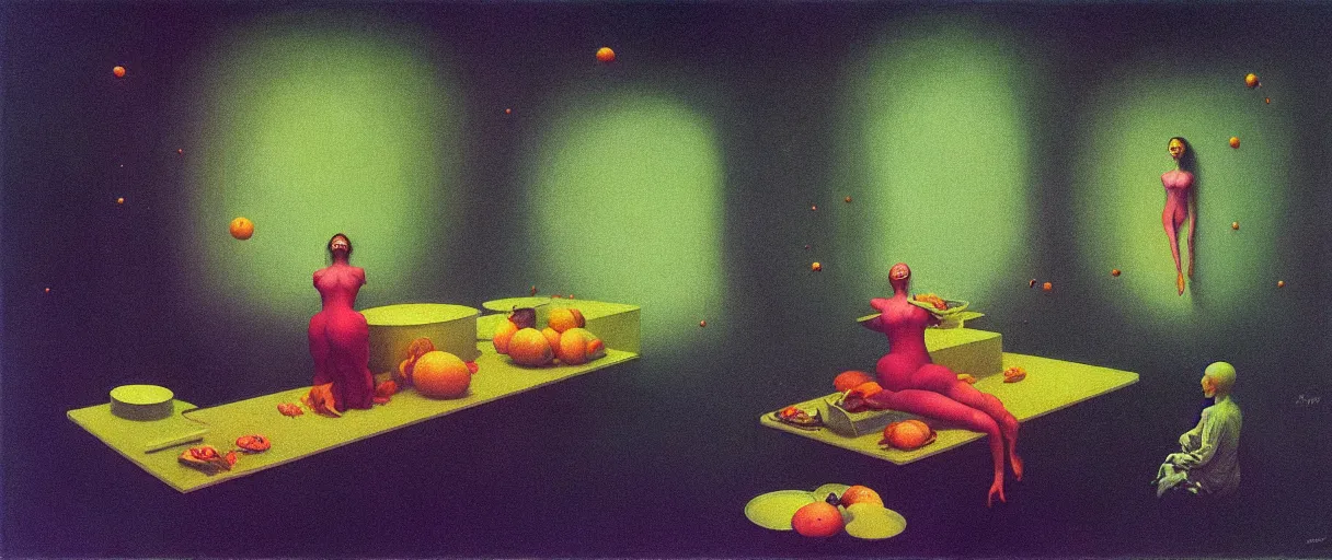 Image similar to She Eats Joyfully of the Suffocating Yellowcake Fruit and Her spiderlike gossamer glistening polyp blossoms bring iridescent fungal flowers whose spores black the foolish glaring stars Edward Hopper and James Gilleard, Zdzislaw Beksinski, Mark Ryden, Wolfgang Lettl highly detailed