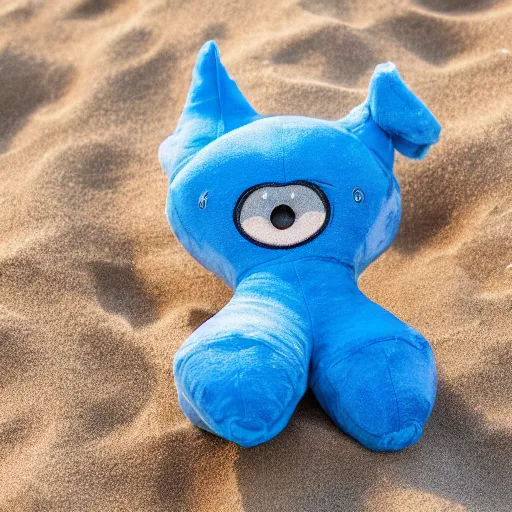 Prompt: blue'snappy gifts'plush doll, on beach sand, gifts, dark atmosphere, high detail, soft lighting, 8 k