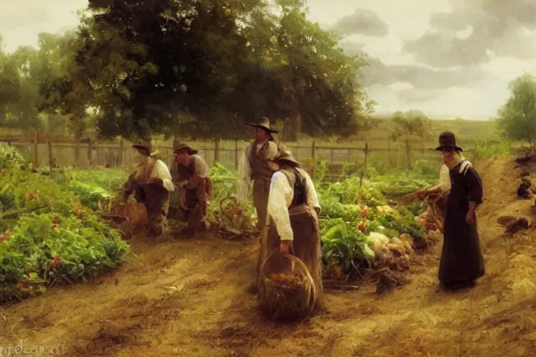 Image similar to simple amish farmers tending to their cottage vegetable gardens, art by anders zorn, wonderful masterpiece by greg rutkowski, beautiful cinematic light, american romanticism thomas lawrence, greg rutkowski