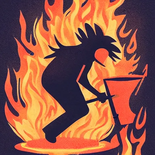 Image similar to Beautiful illustration for a print depicted a back view of a heavy metal drummer playing on drums::lava and fire around::behance and deviant art illustrations