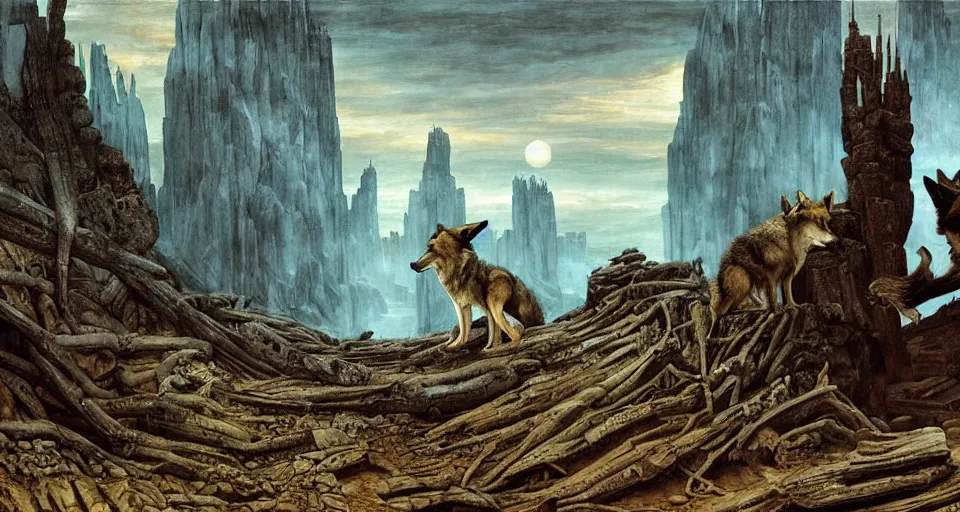 Image similar to wolves and their treasures. treasures of a thousand temples. digital painting by david caspar friedrich and h. r. giger