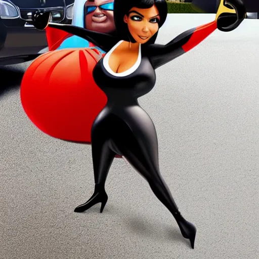 Image similar to kim kardashian as elastic girl from the incredibles, hypertealistic