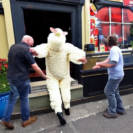 Prompt: photo of a man in a sheep costume in flames and jesus is helping him outside a british pub