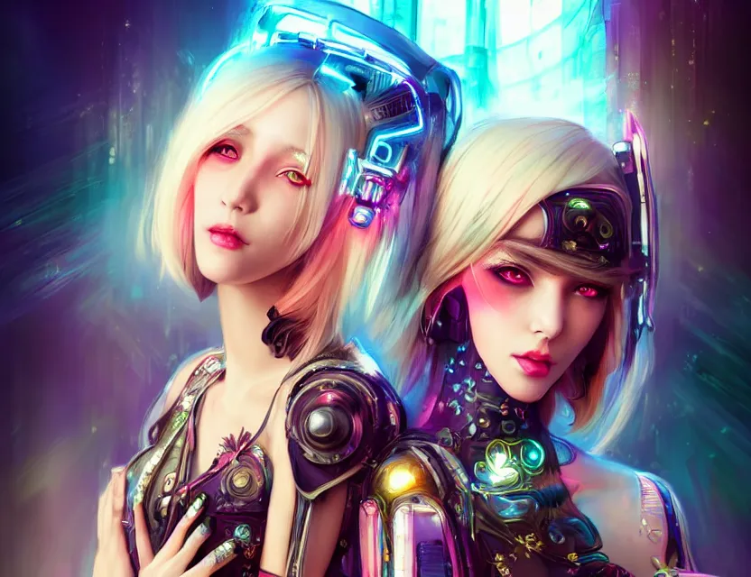 Image similar to two beautiful fashion cyberpunk girls wear fantasy dress in festival | | big eyes, sunny, dreamlike art, realistic shaded, smile, good looking, hyper details, 4 k realistic, cryengine, realistic shaded lighting poster by artgerm, ross tran, fuji choko, loish, artgerm, 8 k resolution, trending on artstation, luxury