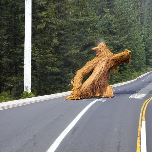 Prompt: Sasquatch tossing a big tree onto highway traffic