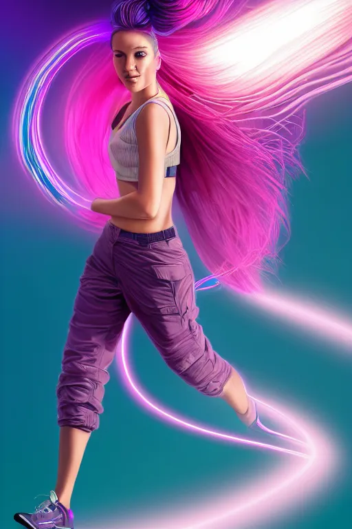 Image similar to a award winning half body portrait of a beautiful woman in a croptop and cargo pants with ombre purple pink teal hairstyle with head in motion and hair flying, surrounded by whirling illuminated lines, outrun, vaporware, shaded flat illustration, digital art, trending on artstation, highly detailed, fine detail, intricate