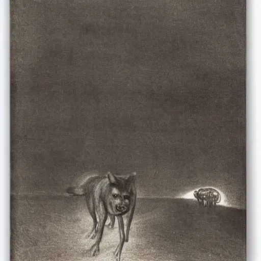 Prompt: giant hyena standing on a desert road at night, hard flash, by alfred kubin