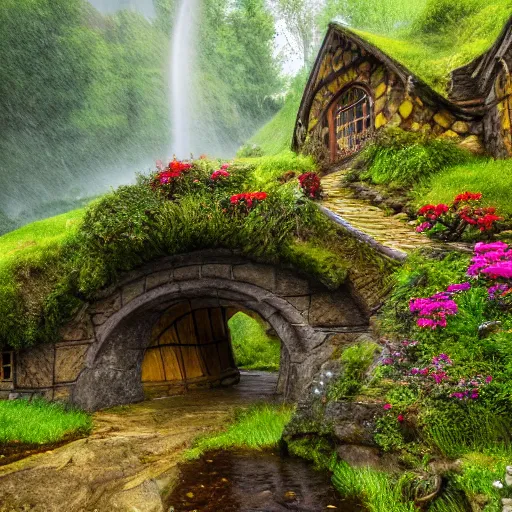 Prompt: medieval hobbit village, ornate, beautiful, atmosphere, vibe, mist, smoke, fire, chimney, rain, wet, pristine, puddles, waterfall, melting, dripping, snow, creek, lush, ice, bridge, stew, loaves, green, stained glass, forest, roses, flowers, color page, 4 k, contest winner