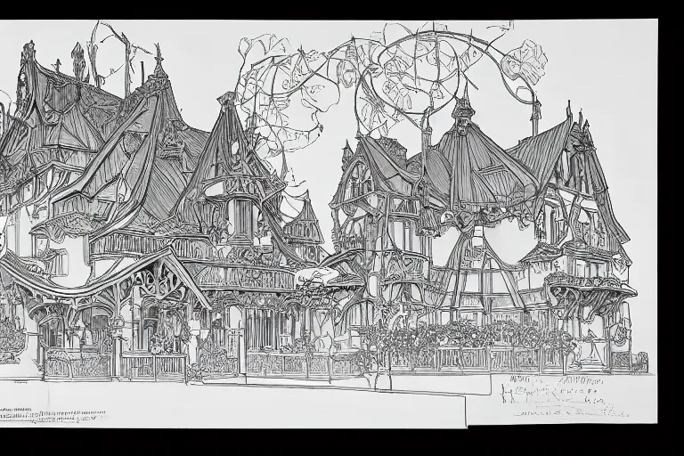 Prompt: a drafting blueprint for fairy toadstool retirement architecture village rendered on paper in fine-line black ink. alphonse mucha