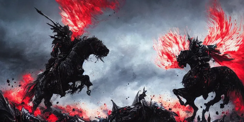 Prompt: a angry knight in full plate of black armor, splattered with blood, riding a large black war horse, with red glowing eyes flowing red mane and tail, blackened clouds cover sky, crackling with lightning, a castle in distance burns, concept art by greg rutkowski, craig mullins, todd mcfarlane,