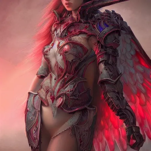 Image similar to woman - unicorn hybrid red angel - wings, stunning, thick armor that covers everything, shocked very wide open eyes very open eyes, realistic, symmetric portrait, face, intricate, very detailed, fantasy digital art, trending in artstation, marc simonetti