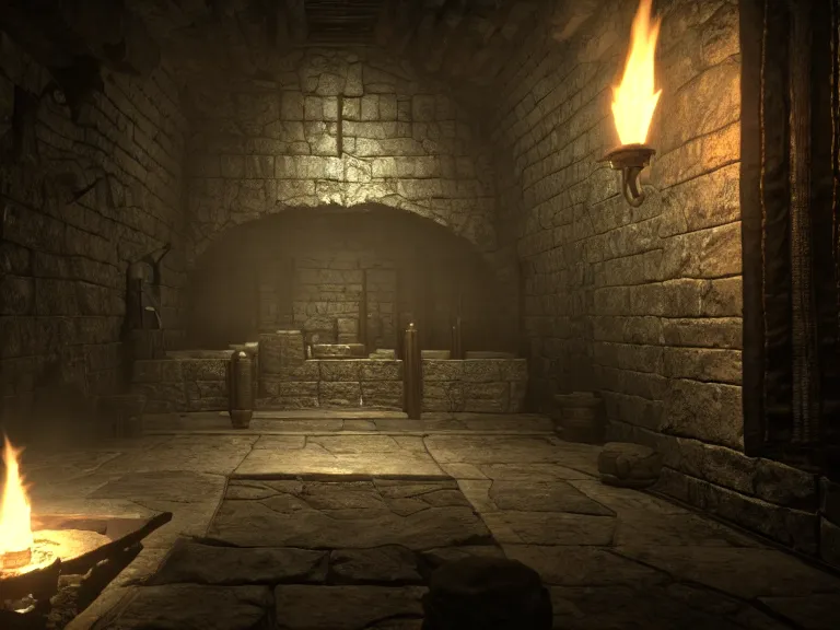 Prompt: delicious torch lit prison dungeon jail cell atmospheric unreal engine hyperreallistic render 8k character concept art masterpiece screenshot from the video game the Elder Scrolls V: Skyrim