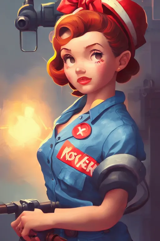 Prompt: a portrait of a cute rosie the riveter, industrial setting, overwatch art team, action pose, vivid colors, soft lighting, atmospheric, cinematic, moody, splash art in the style of ilya kuvshinov and range murata, oil on canvas, 8 k