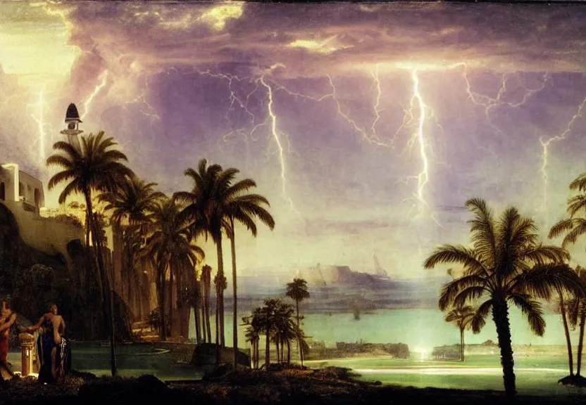 Prompt: Palace floating in heaven, 1km tall, thunderstorm, greek pool, beach and palm trees on the background major arcana sky, by paul delaroche, hyperrealistic 4k uhd, award-winning very detailed, heaven paradise