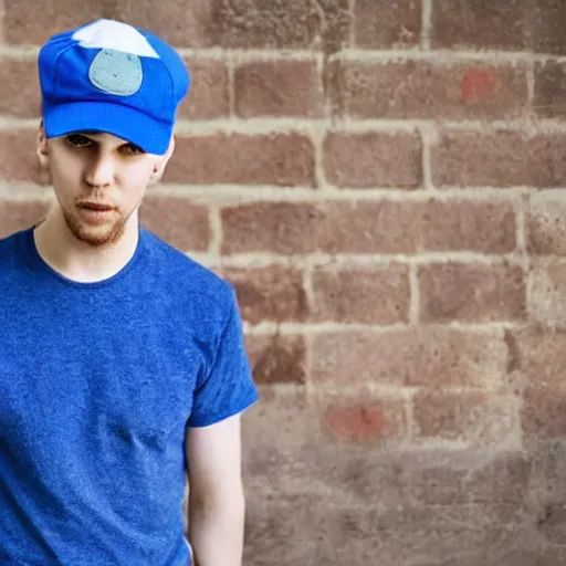 Image similar to a full body shot of an average white, short young - adult man with blue dyed hair holding a microphone, wearing a red backwards cap, white t - shirt with a red no symbol on it, blue long pants and red shoes