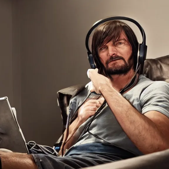 Image similar to john marston in his bedroom, playing pc games with gaming headphones on, photograph