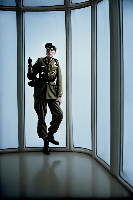 Image similar to kodak portra 5 0 mm f 4 full body portrait photography of a wwii airborne infantry soldier who's a mix of gillian anderson and adam driver, looking exhausted, setting is inside a sci fi megastructure tower looking out a window, photo by erwin olaf