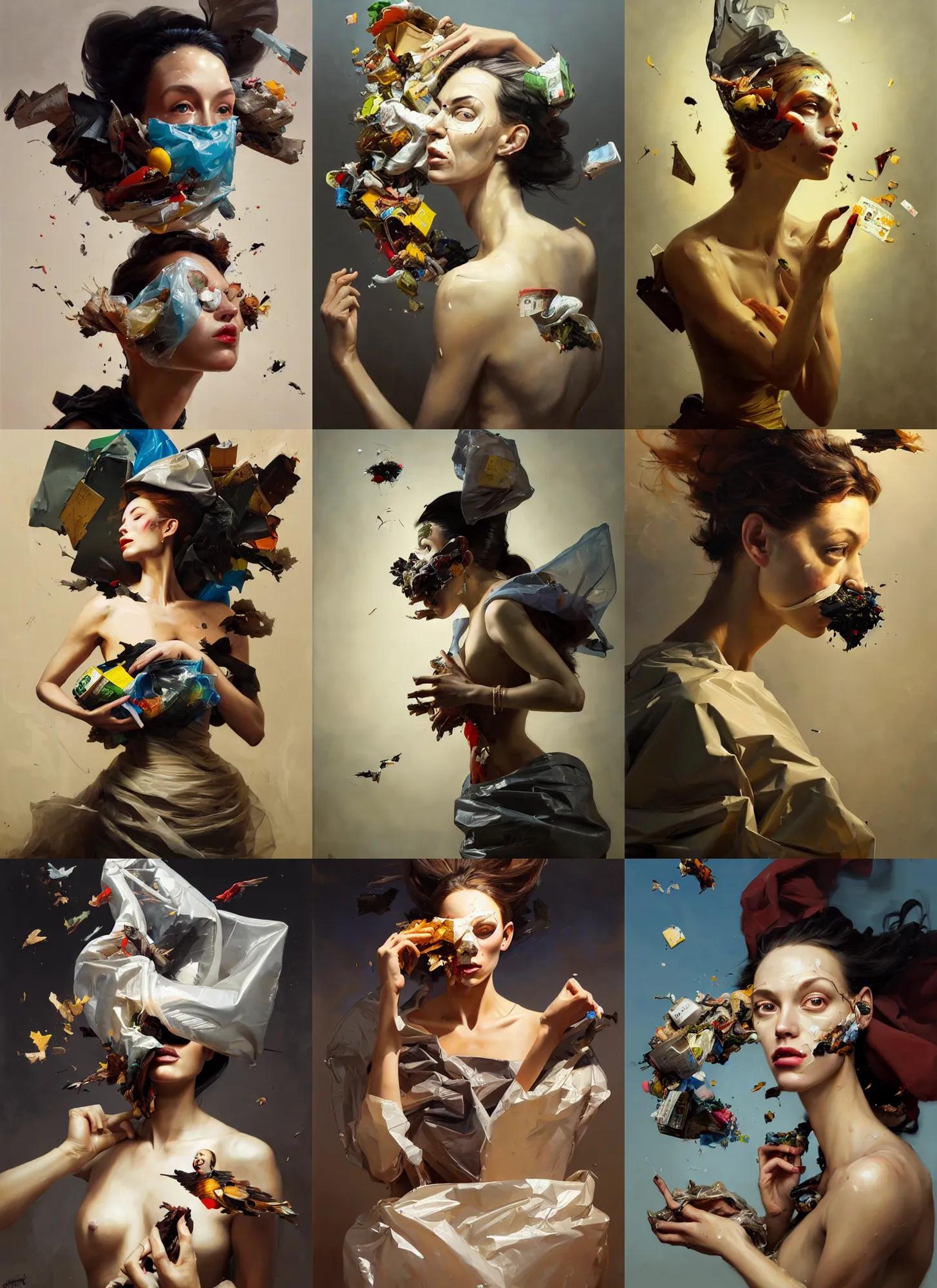 Image similar to fine art portrait oil painting of a beautiful woman with garbage flying into her face, wearing a plastic garbage bag, perspective, ultra detailed, elegant, intricate, dynamic lighting, hyperrealism, sharp focus, art by peter mohrbacher and ashley wood and andrei riabovitchev