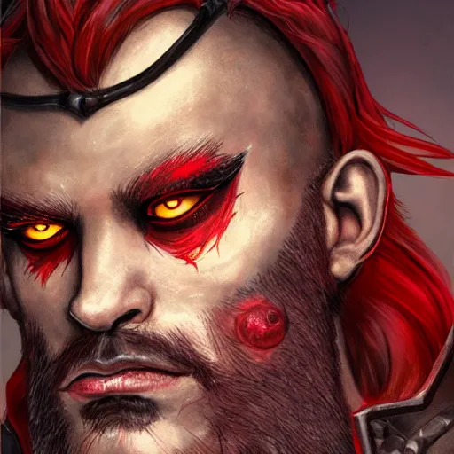 Image similar to dnd style portrait of a tiefling, male, red scales, red skin, a big black beard, completely golden eyes, 2 black ram horns growing out of his forehead,