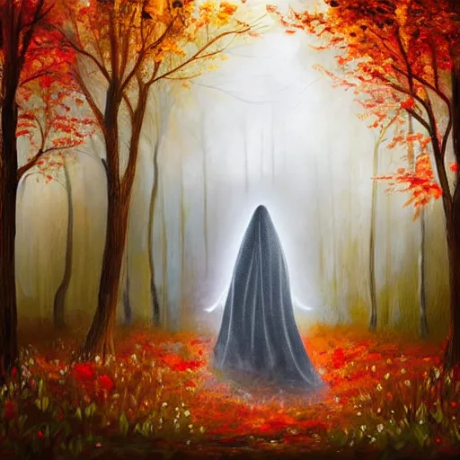 Prompt: ominous bedsheet ghost standing in an autumn forest, oil painting, brush strokes, gloomy misty atmosphere, symmetrical, full body image, highly ornate intricate details,