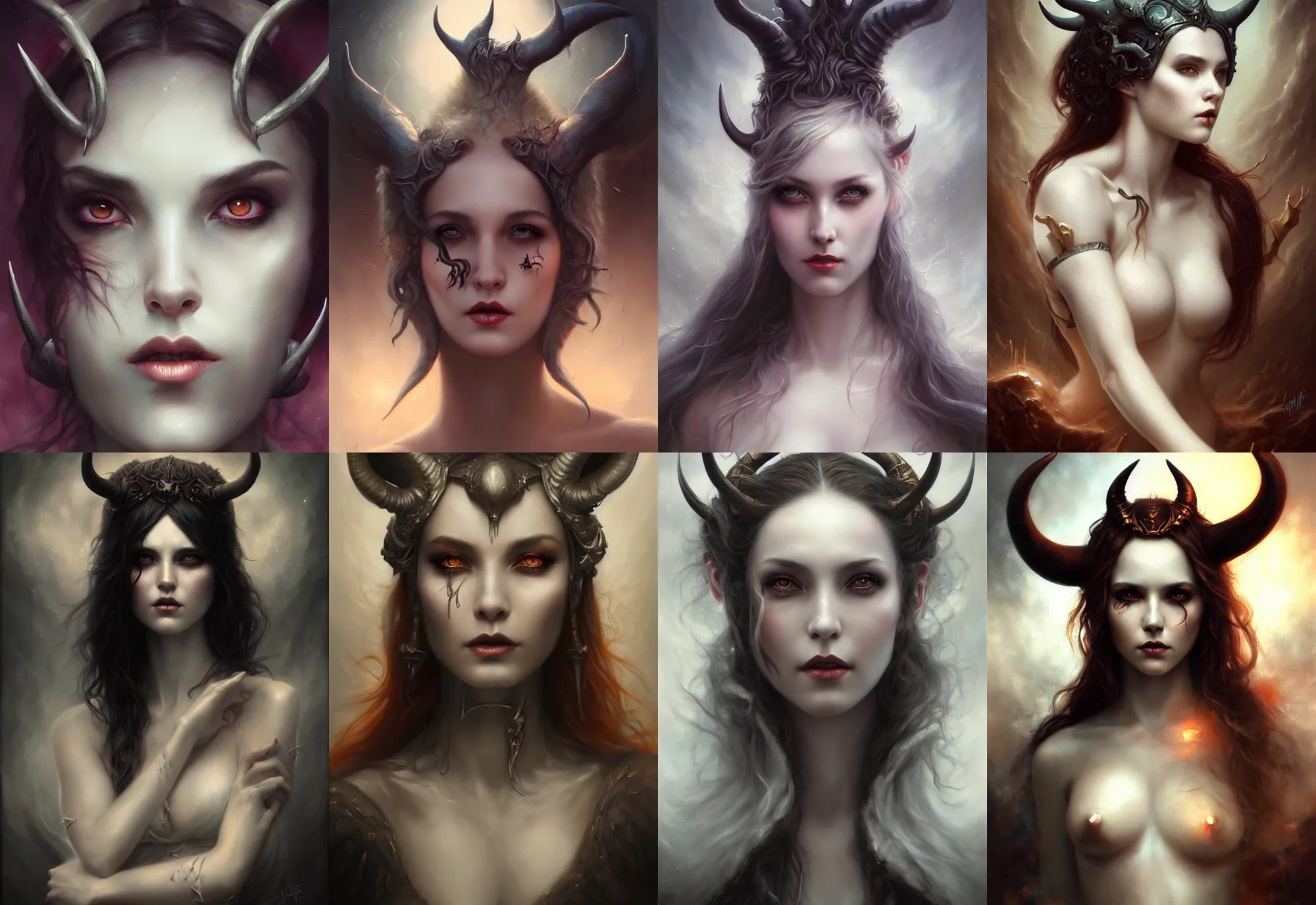 Prompt: a hauntingly beautiful woman with horns, painted by artgerm and tom bagshaw, fantasy art, dramatic lighting, highly detailed oil painting