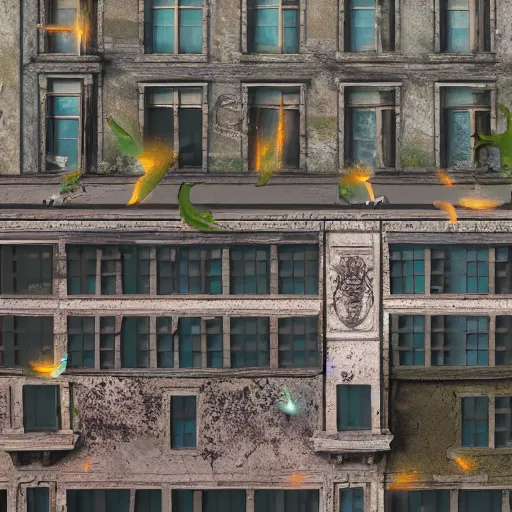 Prompt: fresco on a building, with dragon and falling stars, dark faded colors, in style of henri rousseau, highly detailed, unreal engine, photorealism