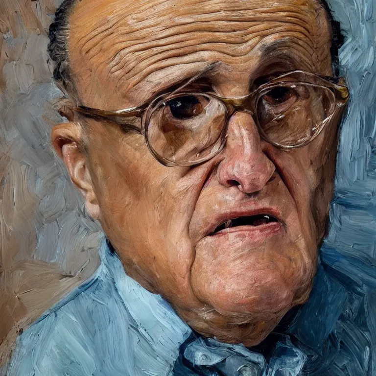 Prompt: warmly lit close up studio portrait of aging old Rudy Giuliani age 115 wrinkled furious, impasto oil painting thick brushstrokes by Lucian Freud and Cy Twombly and Tim Hawkinson , trending on artstation dramatic lighting Expressionism