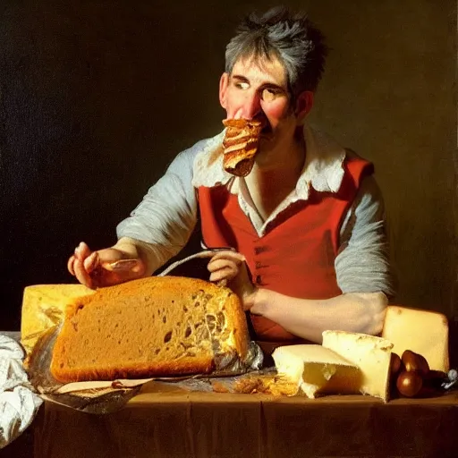 Prompt: steve albini eating a loaf of fresh bread and some good cheese or roast beef, portrait, oil on canvas, by jean - honore fragonard