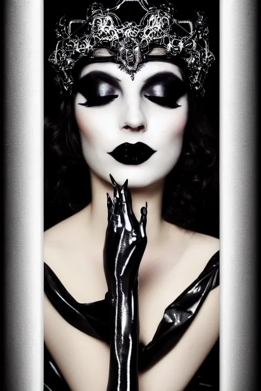 Prompt: ethereal, numinous goddess of the underworld draped in a veil, large silver and black crown, black latex top, black lipstick, dark makeup, goth, offering the viewer a pill, closed eyes, mysterious highly detailed portrait, minimal, warm colors, art deco, art nouveau, decorative border