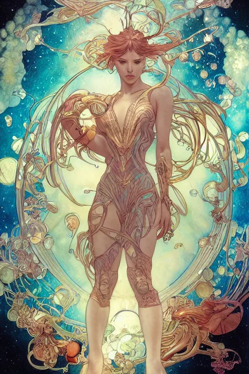 Prompt: swimming through time, by artgerm and yoshitaka amano and moebius and alphonse mucha, hyperdetailed, dc comics, ornate, nebula, explosions in the sky, trending on artstation