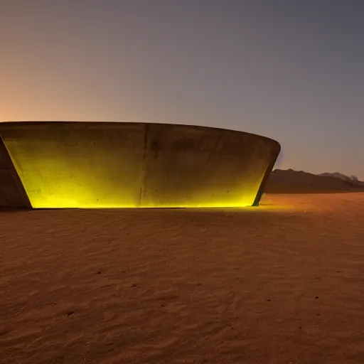 Image similar to big concrete structure in the desert at night, neon lights, minimalist architecture, james turrel,