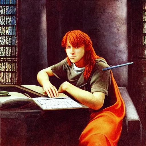 Prompt: a red-haired long-haired teenage boy sitting at a computer, lions around him, painting by Donatello