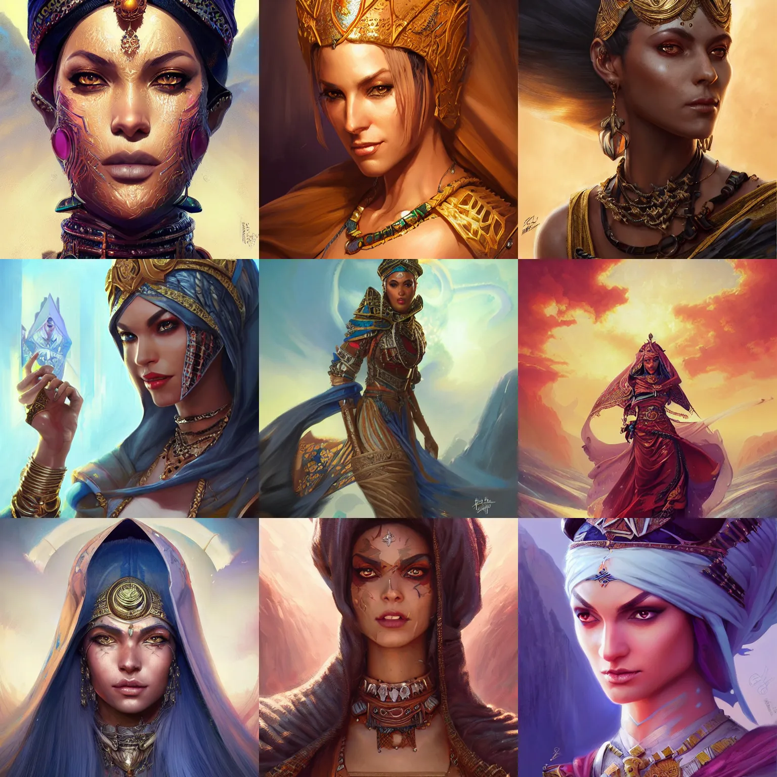 Prompt: saharan empress, D&D, fantasy, portrait, highly detailed, digital painting, trending on artstation, concept art, sharp focus, illustration, art by artgerm and greg rutkowski and magali villeneuve