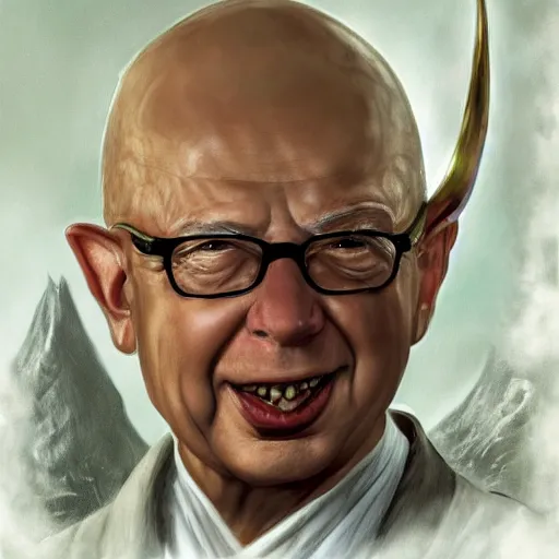 Image similar to a detailed fantasy character painting of Klaus Schwab with devil horns on his head, he has a forked tongue like a snake and black eyes, holding a lamb, dressed like Jesus Christ, by lauri blank, artgerm, evelyn de morgan, 8K, 50mm lens