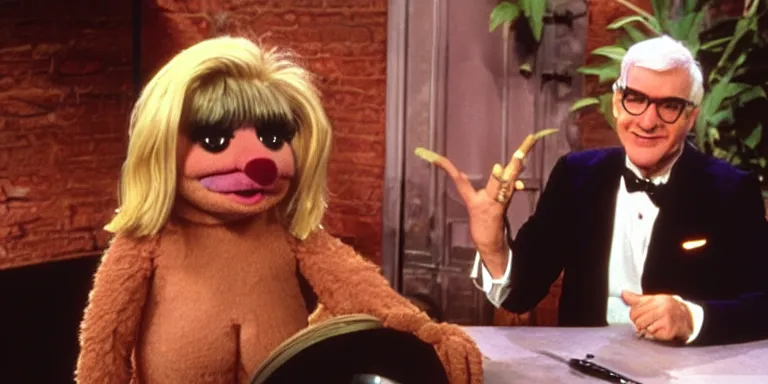 Image similar to Photoreal Cinematography of a photorealistic muppet version of Debbie Harry hosting The Muppet show with actor Steve Martin