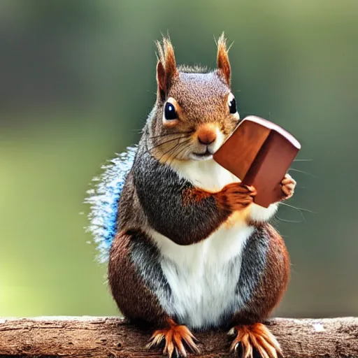 Image similar to a squirrel with thor outfit ~ holding his hammer ~ dramatic thunder background ~ trending ~