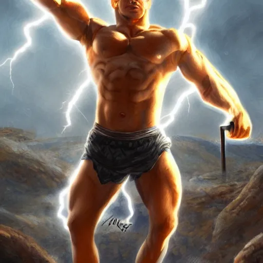 Prompt: benjamin netanyahu as a buff greek god of lightning, shooting lightning bolts from eyes, highly detailed, ultra clear, by artgerm and greg rutkowski