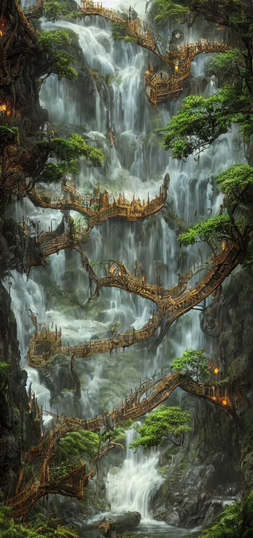 Image similar to wooden elven City with golden roofs, arches and bridges on top of a WATERFALL in the fall, gnarly trees, lush vegetation, forrest, a small stream runs beneath the waterfall, landscape, raphael lacoste, eddie mendoza, alex ross, john howe, concept art, matte painting, highly detailed, rule of thirds, dynamic lighting, cinematic, detailed, denoised, centerd, clean render