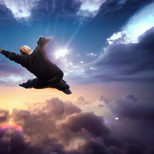 A photo of Kanye West flying in the sky, cinematic | Stable Diffusion